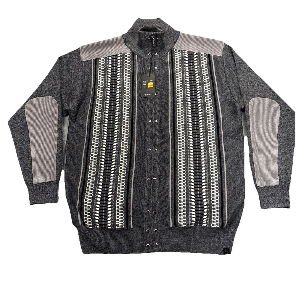 SilverSilk Cardigan Sweater Mens XL Full Zip Elbow Patches 3D Textured Gray NEW!